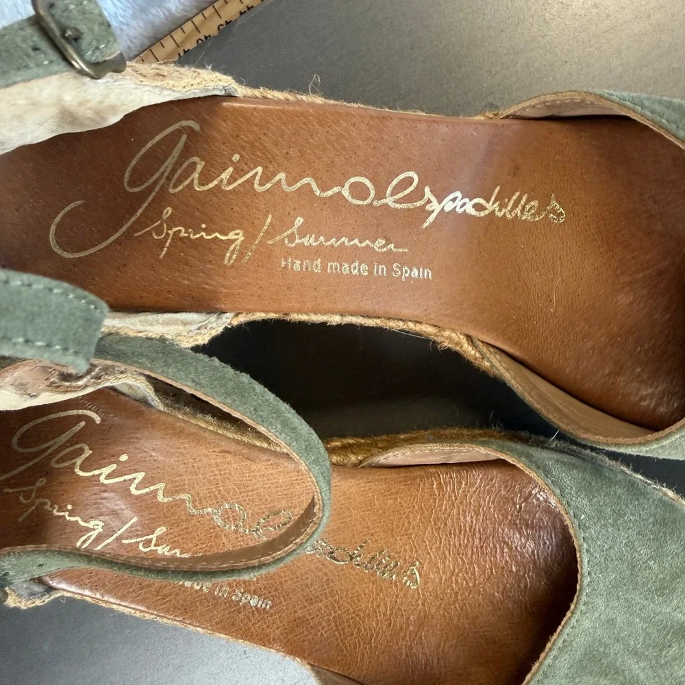 Spanish Gaimo Espadrilles Olive Green Suede Wedge Sandals Size 39‎ / 8 1/2
